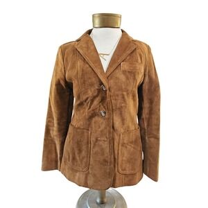 Vintage Brown Suede Blazer Jacket Women's Button Front Lapel Pockets Casual 7/8